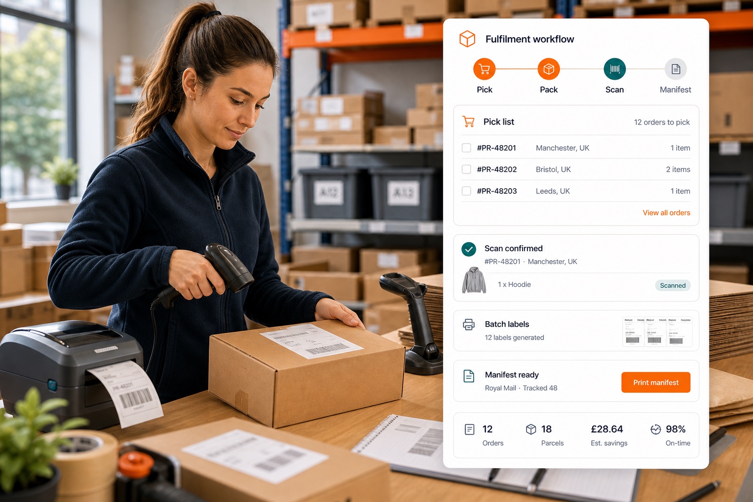 Fulfilment team scanning parcels for dispatch